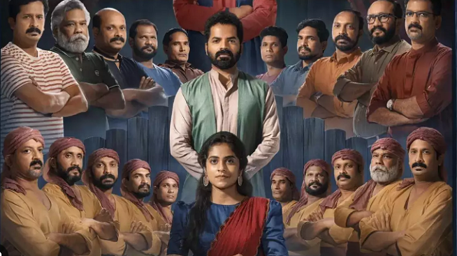 A promotional poster featuring a large group of men in traditional Indian attire surrounding a man in a green shirt and a young woman in a blue and red saree, suggesting they are the central characters of a film or TV show.