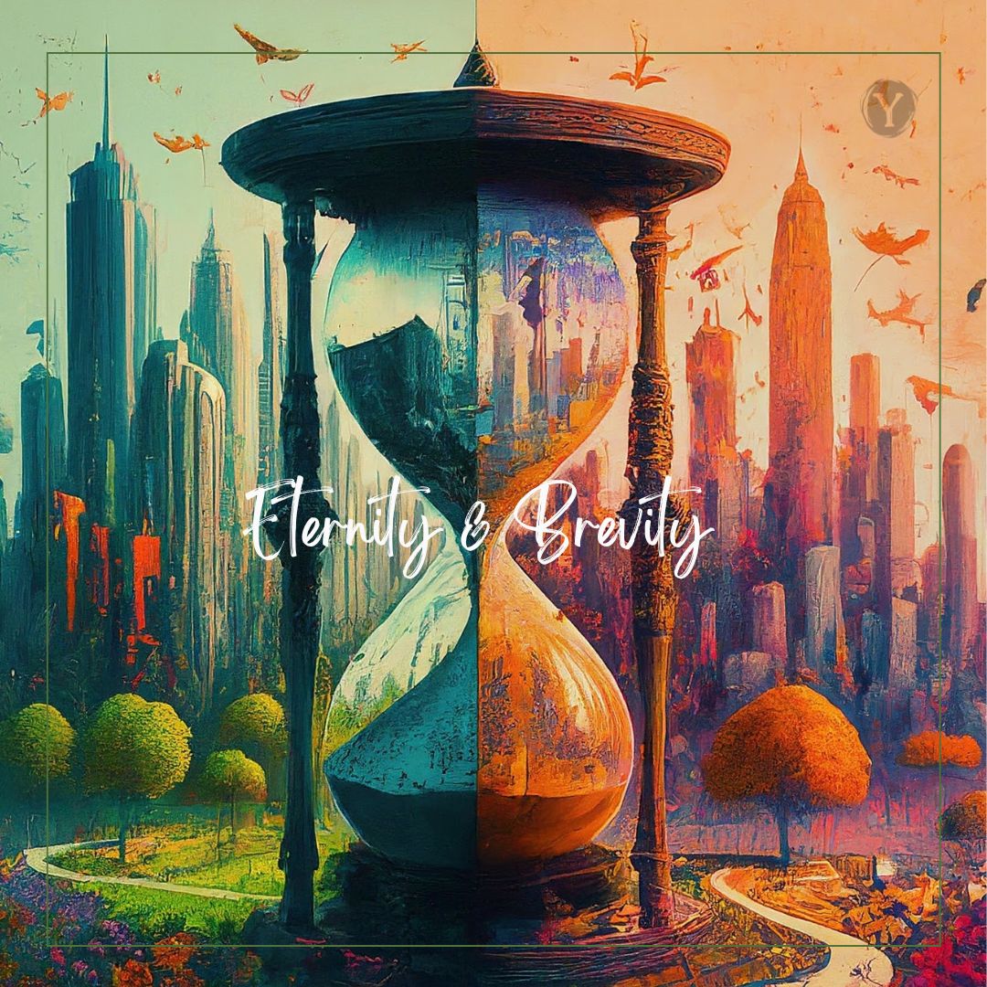 Surreal artistic illustration of a large hourglass in the center with sand flowing through it, set against a dystopian cityscape. The left side shows green nature and futuristic buildings while the right side depicts orange-tinted urban decay. White script text reads 'Eternity & Brevity' across the middle, with flying birds and Y logo visible.