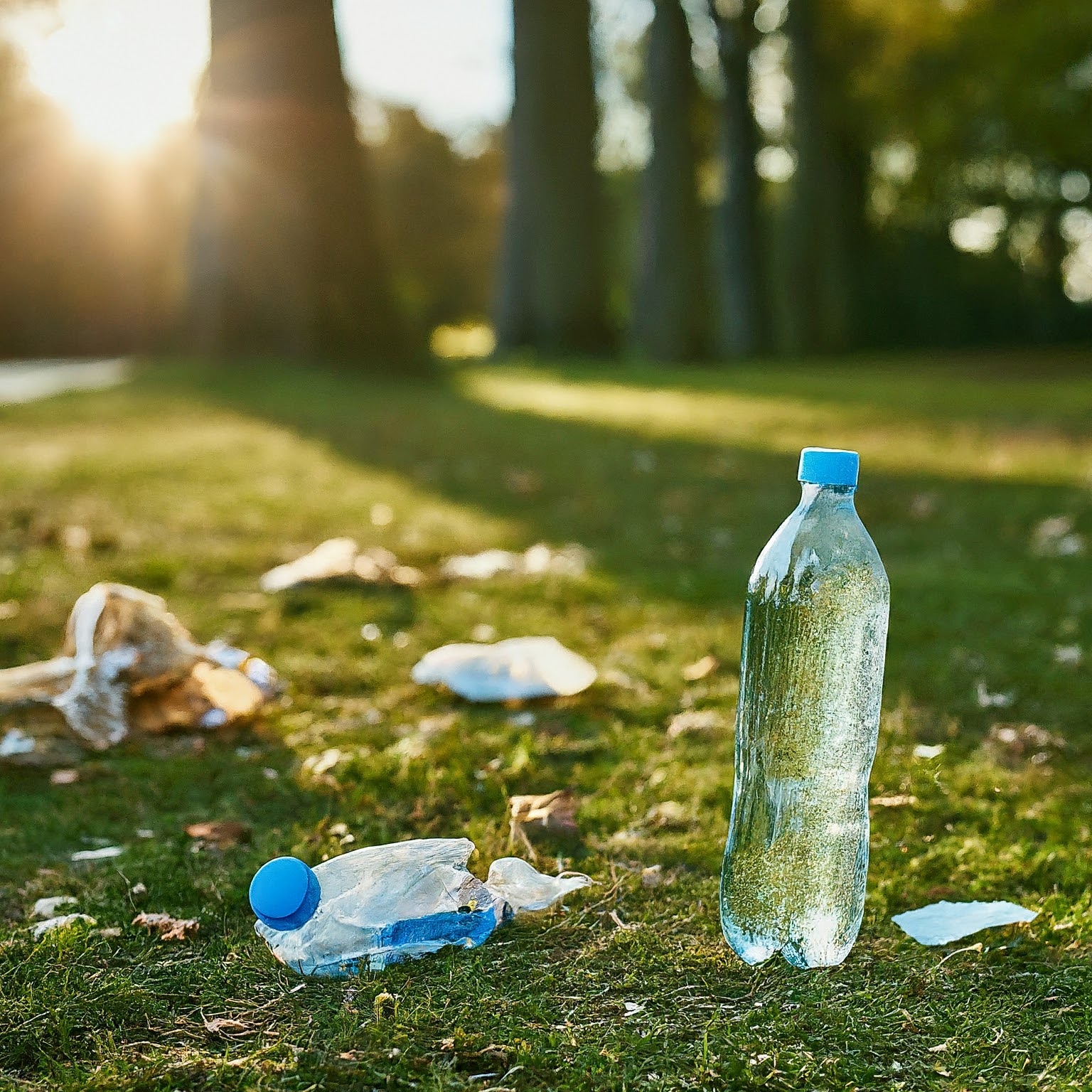 A photograph showing plastic bottles and other litter scattered on the grass in a sunlit outdoor setting, contrasting with the surrounding natural beauty.
