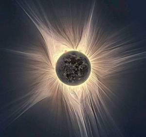 Moon blocking the sun. The sun rays form a ring. Solar Eclipse