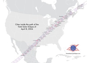 Map of north America showing the places where the total solar eclipse is visible 