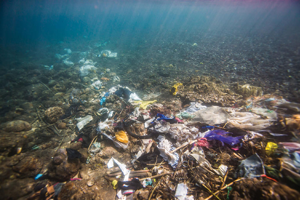 Underwater view of plastic and trash pollution in a body of water.