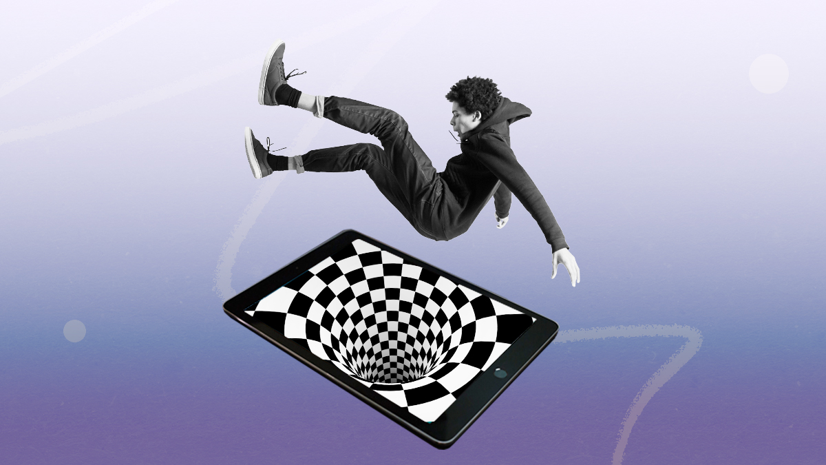 A person leaping out of a digital tablet displaying a black and white checkered pattern, symbolizing transcending digital boundaries.