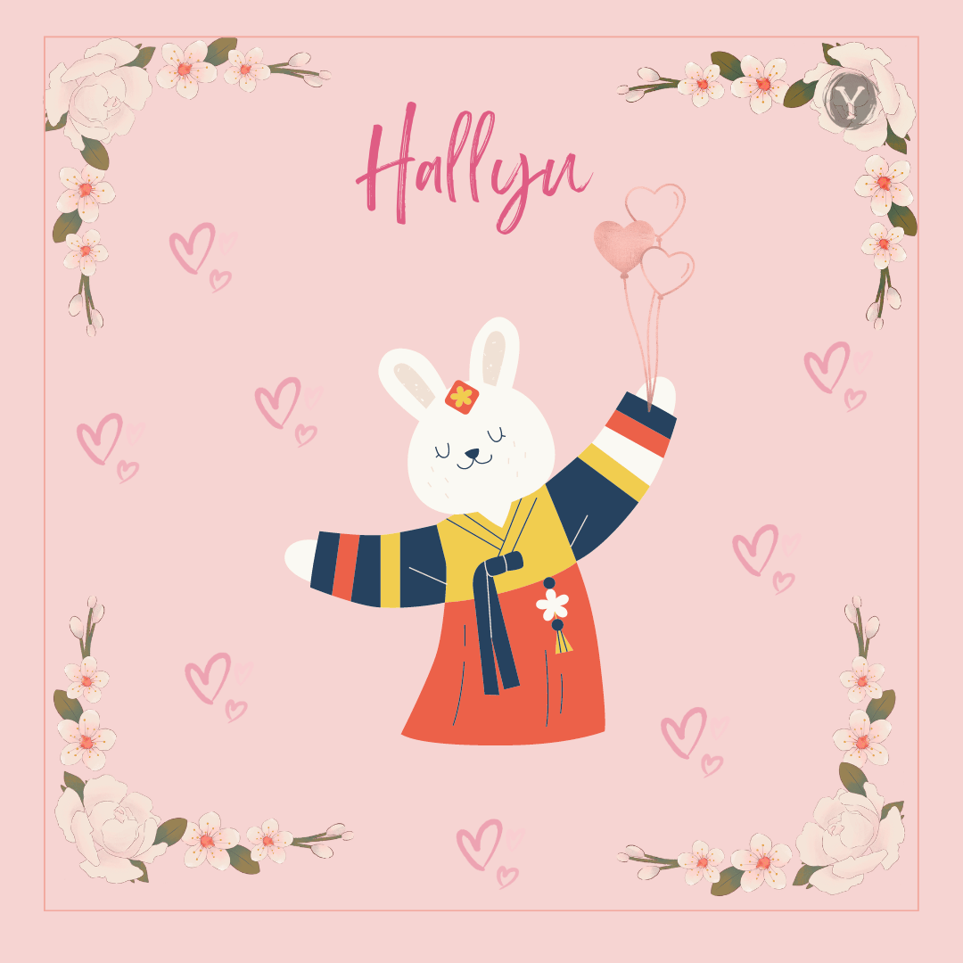Cartoon rabbit wearing colorful hanbok holding heart balloons, surrounded by cherry blossoms and hearts on pink background with "Hallyu" text. The bottom right corner shows "@randomwhys" and there's a circular logo with "Y" in the top right corner.