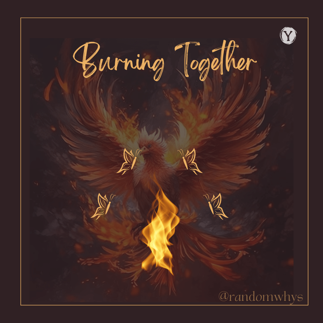 A phoenix with outstretched wings, surrounded by four butterflies, rising from a flame against a dark background. The text "Burning Together" is above the phoenix and a "Y" symbol is in the top right corner. The artist's handle, "@randomwhys," is in the bottom right corner