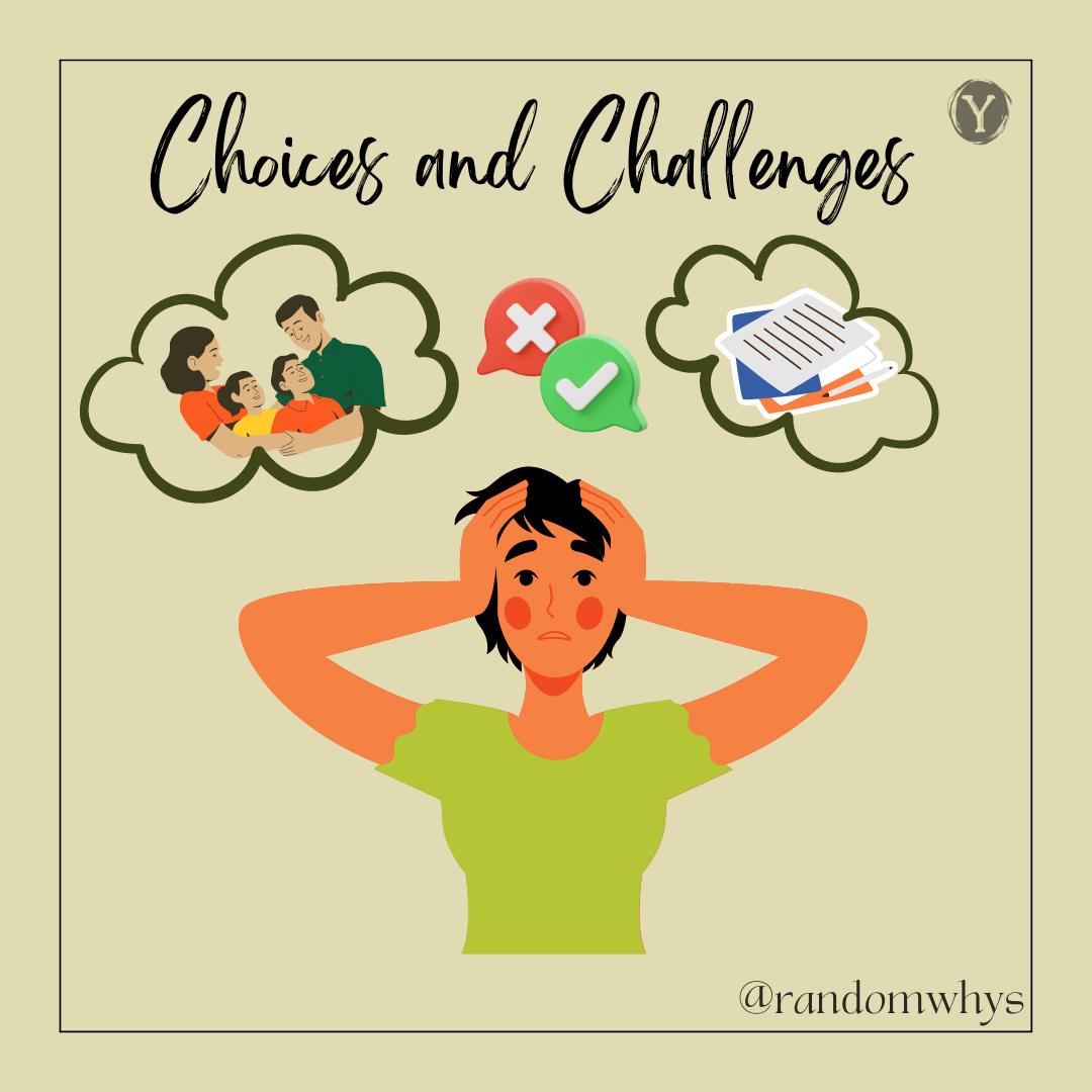 Cartoon illustration of a person looking stressed, with thought bubbles above showing family, decision icons, and paperwork, titled "Choices and Challenges"