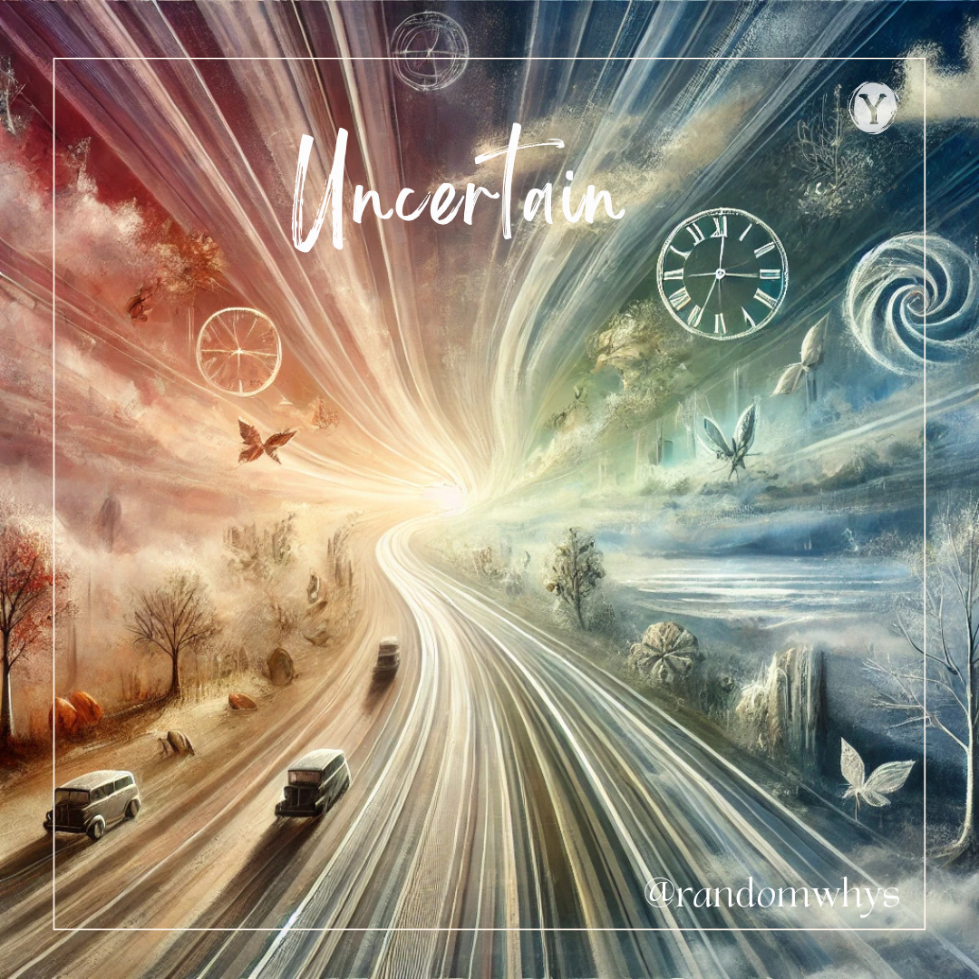 Abstract artwork illustrating a winding road symbolizing the journey through time, starting in a hazy, reddish background and leading to a clear, bright horizon. The colors transition from warm and muted tones to cool, vibrant hues. Alongside the road, elements like changing trees, floating leaves, and butterflies represent the passing seasons and evolving memories. The word "Uncertain" is written prominently at the top, and "@randomwhys" is displayed in the lower right corner. No human figures are present, emphasizing the timeless, abstract nature of the scene.