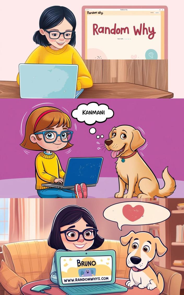 A cartoon-style illustration featuring a girl working on a laptop in three scenes. The first scene shows the girl at her desk with a blog titled "Random Why" on her laptop screen. In the second scene, she is imagining the name "Kanmani" while sitting beside a friendly golden dog. The final scene shows her smiling with the dog as the laptop screen displays "Bruno" and the website "www.randomwhys.com," with a heart symbol expressing affection.