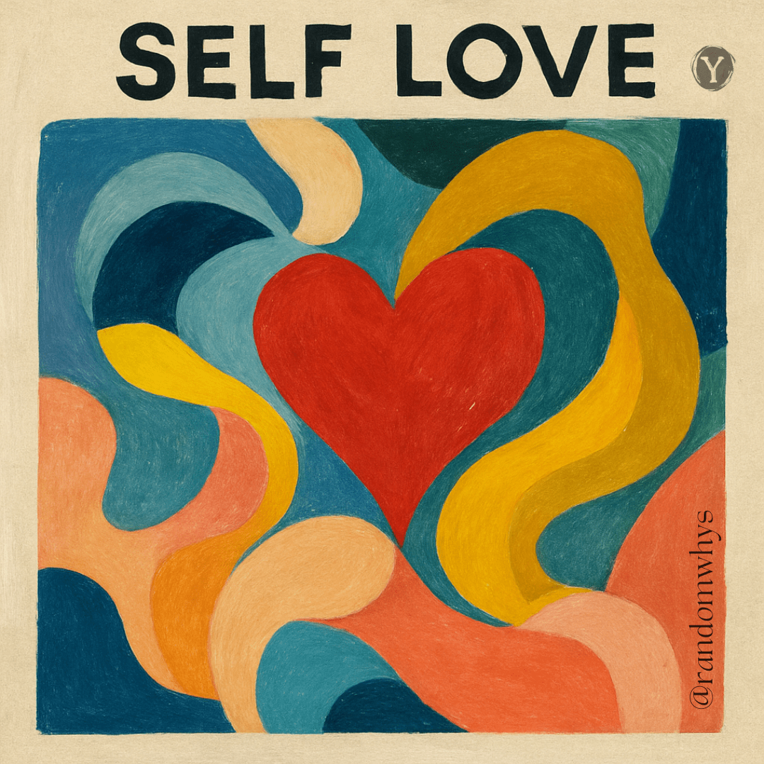A colorful artistic illustration with "SELF LOVE" in bold black text at the top. A vibrant red heart is centered among flowing, abstract shapes in blue, yellow, orange, and pink against a beige background. The image is signed "@randomwhys" in the bottom right corner.