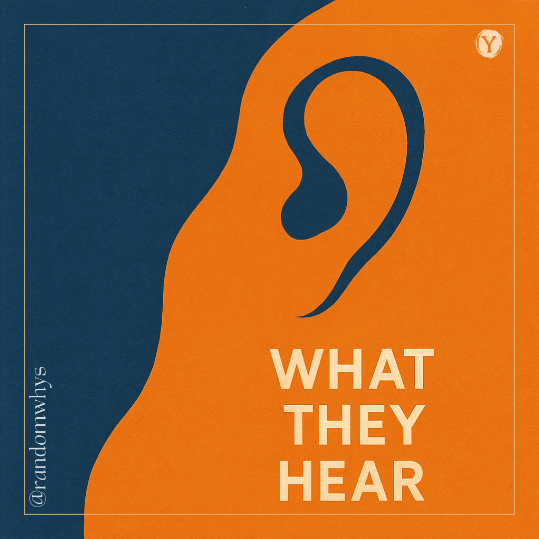 cover art for "What They Hear" featuring a stylized orange ear shape on navy blue background with the handle @randomwhys.