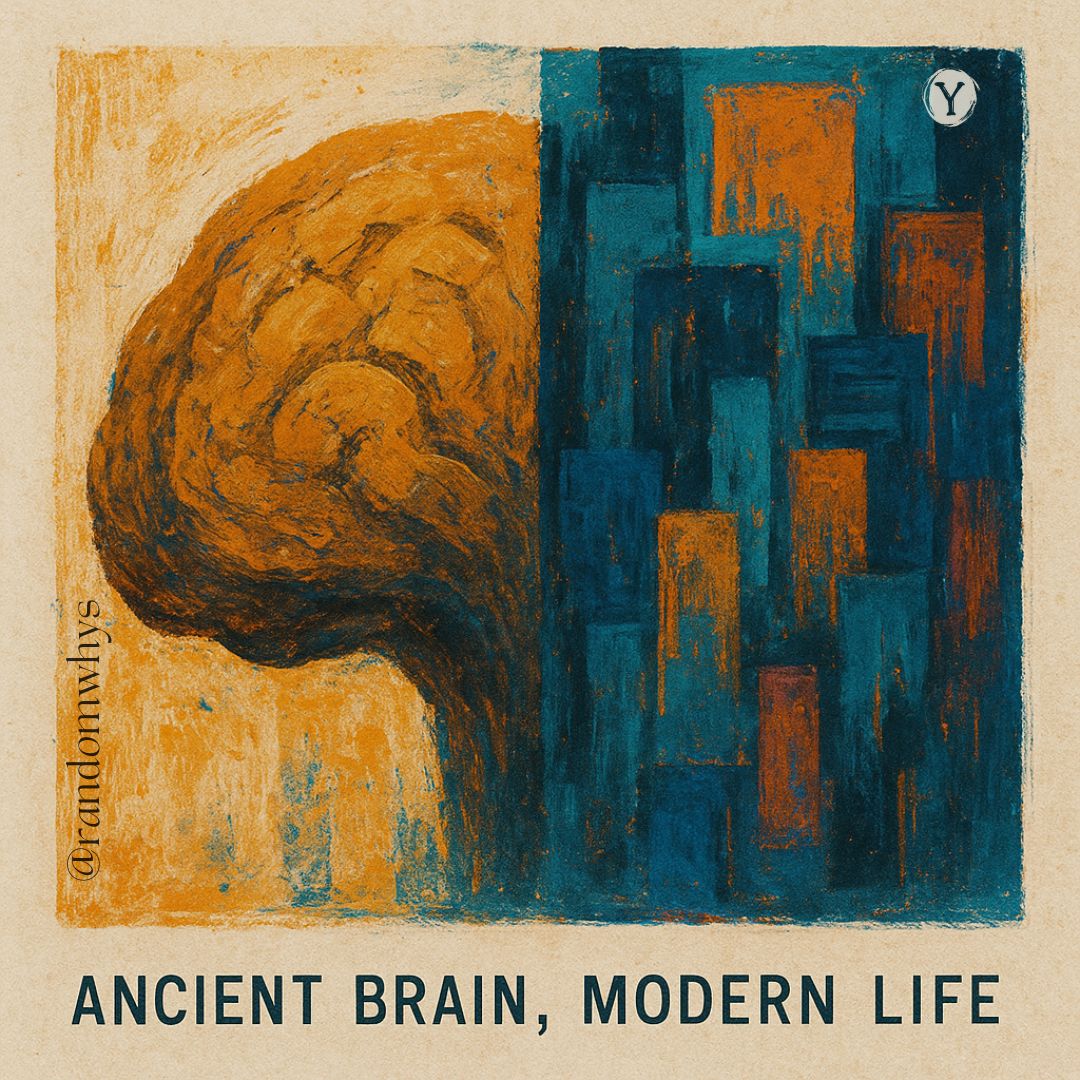Abstract artwork titled "Ancient Brain, Modern Life" showing a textured orange brain-like structure on the left against a beige background, contrasted with geometric blue and orange rectangles on the right representing modern architecture or technology.
