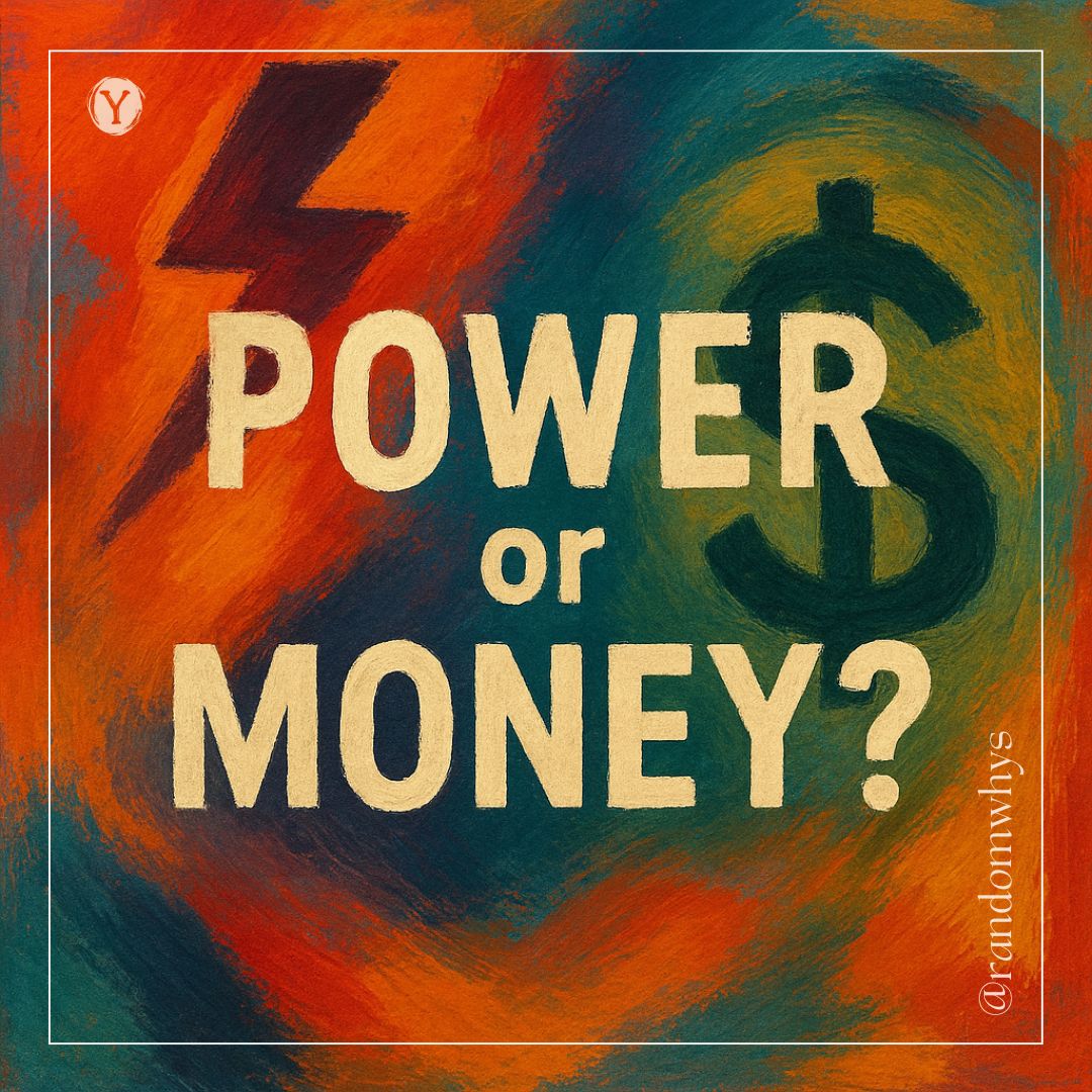 Abstract painted background in bold strokes of red, orange, blue, and green. In the center, bold cream-colored text reads "POWER or MONEY?" with a red lightning bolt symbol beside "Power" and a dark green dollar sign beside "Money." Instagram handle @randomwhys is written along the right edge.