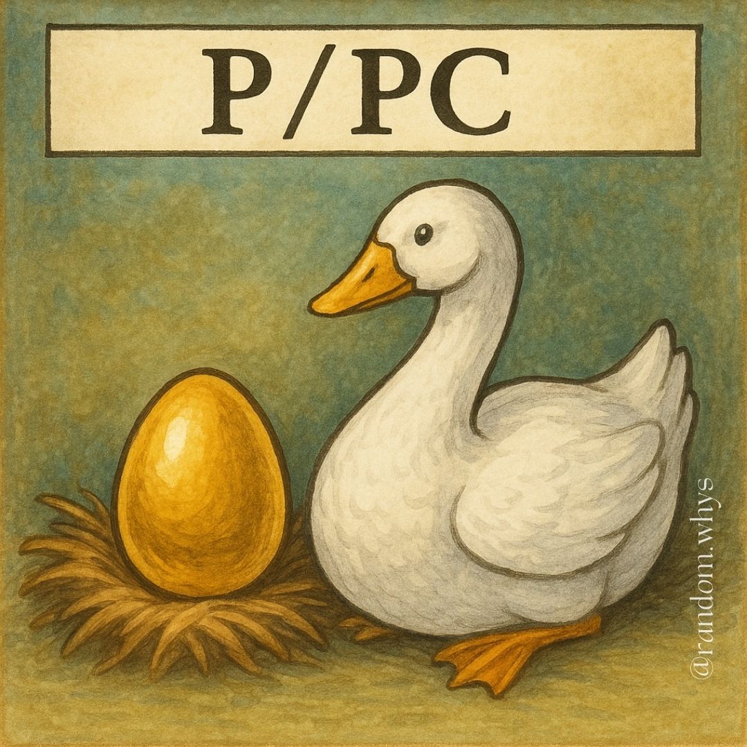 Illustration of a goose sitting beside a golden egg, with the text “P/PC” above them.