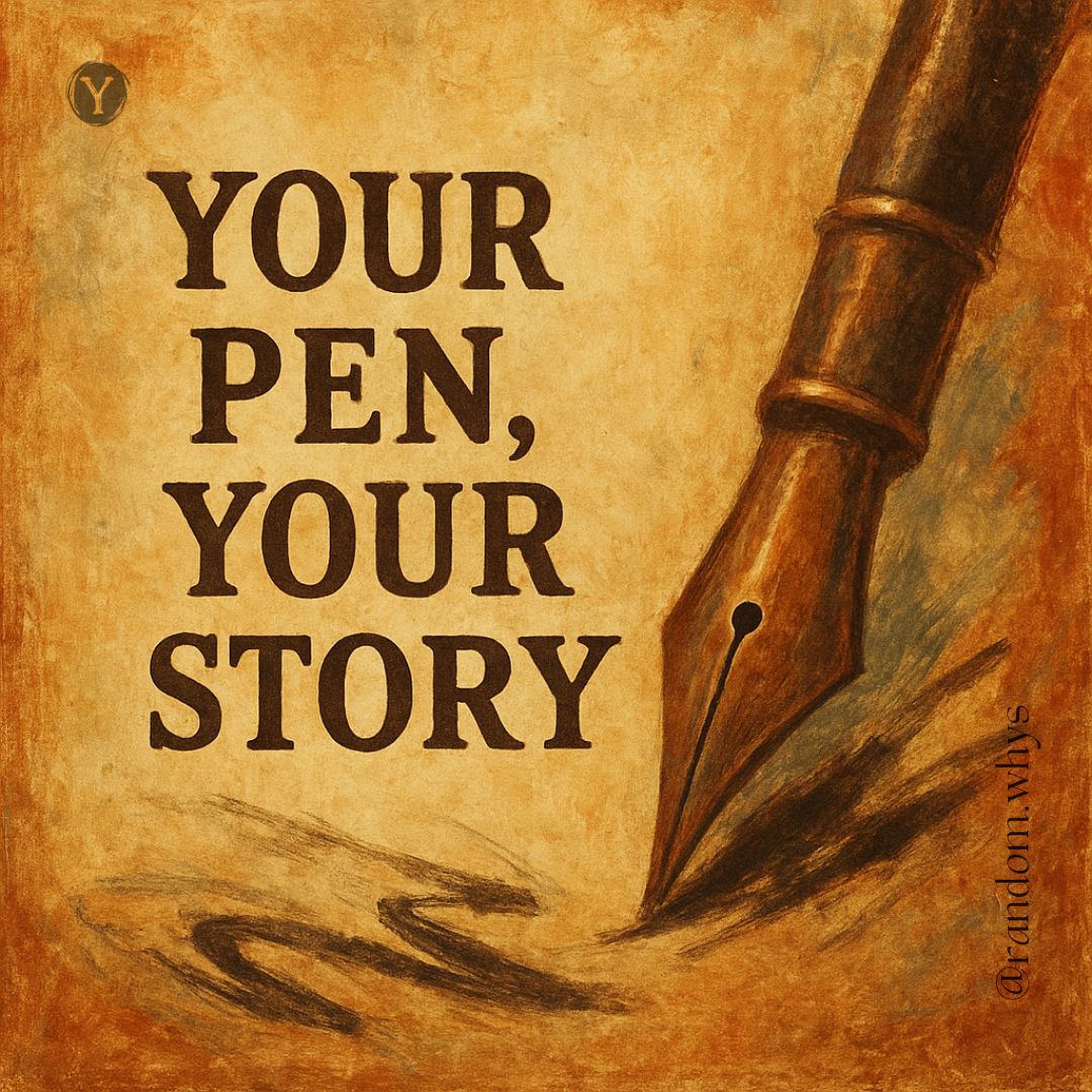 Vintage-style illustration of a fountain pen nib against aged parchment background with bold text reading 'YOUR PEN, YOUR STORY' and social media handle '@random.whys'