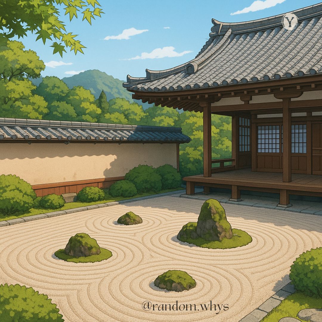 A tranquil Japanese Zen garden with carefully raked white gravel forming circular patterns around moss-covered rocks, beside a traditional wooden building with a tiled roof, surrounded by lush green trees and distant mountains.