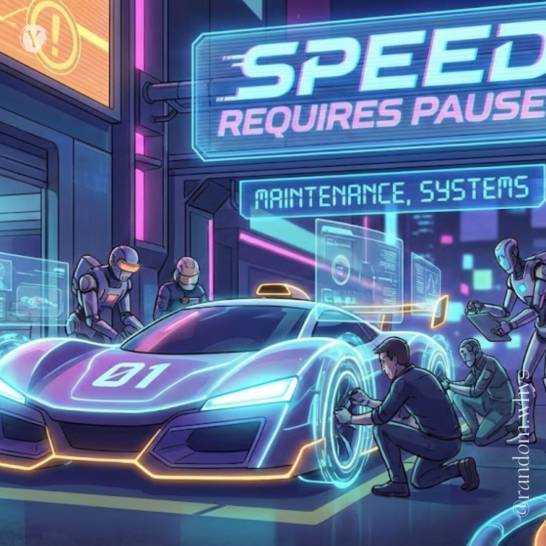 Cyberpunk-style illustration of a glowing purple race car in a high-tech pit stop. A crew of humans and robots work on the vehicle under a neon sign that reads "SPEED REQUIRES PAUSE: MAINTENANCE, SYSTEMS." Vertical text on the right edge reads "@random.whys."
