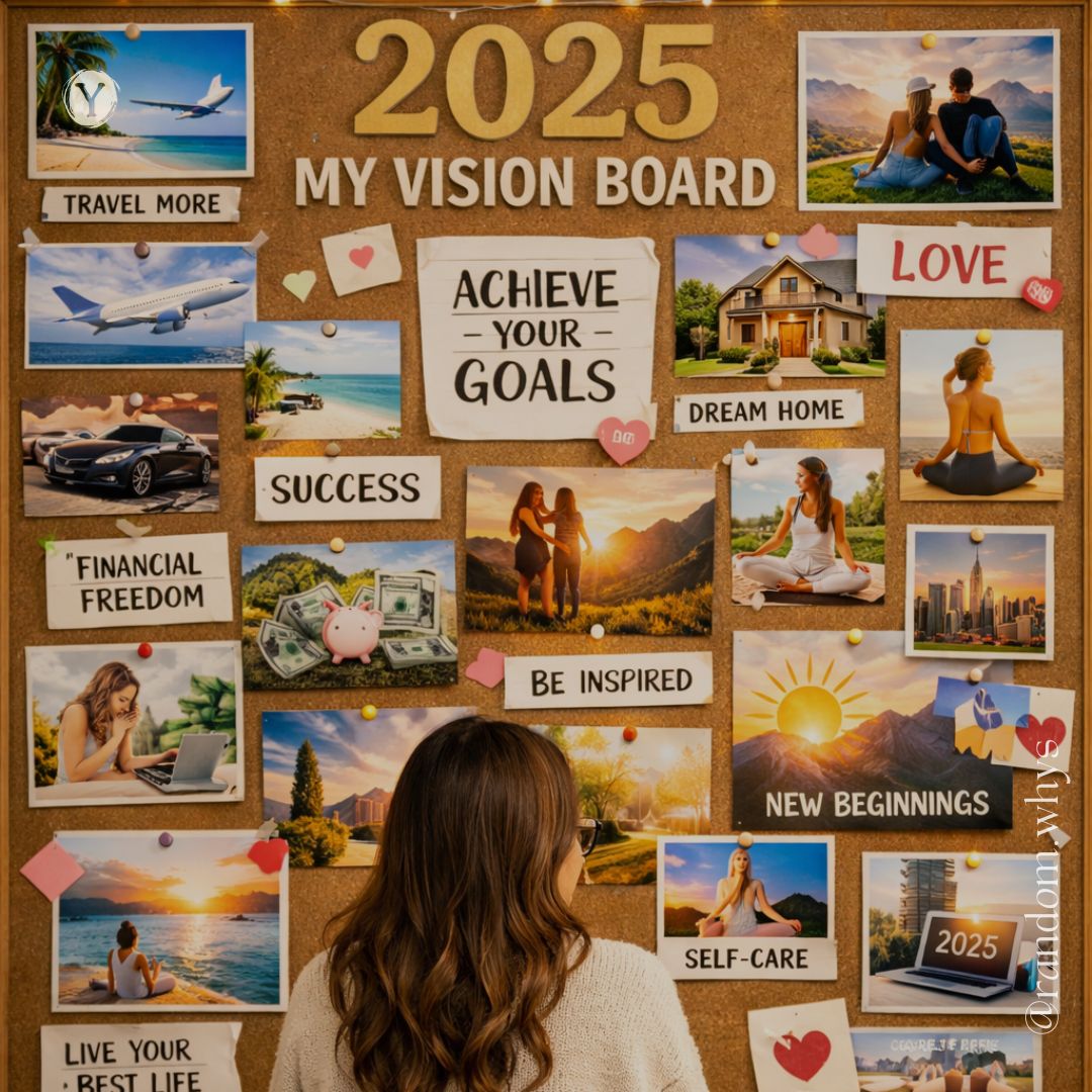 A 2025 vision board pinned on a cork board with images representing travel, financial freedom, self-care, love, success, dream home, meditation, and new beginnings, viewed from behind by a woman standing and reflecting.
