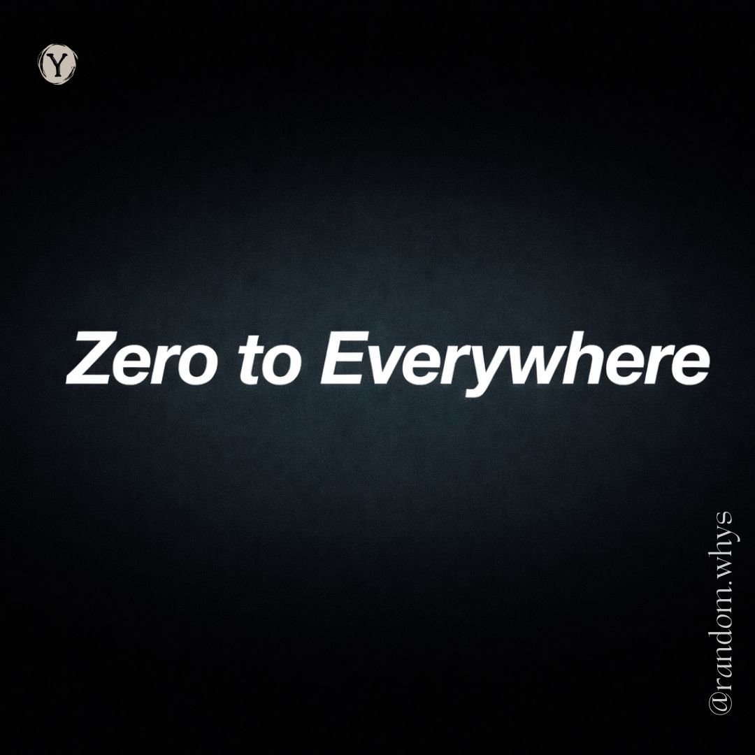 Black background with a soft dark-blue gradient glow in the center. White italic text in the middle reads “Zero to Everywhere.” A small circular “Y” logo appears in the top-left corner, and the handle “@random.whys” is placed vertically along the right edge.