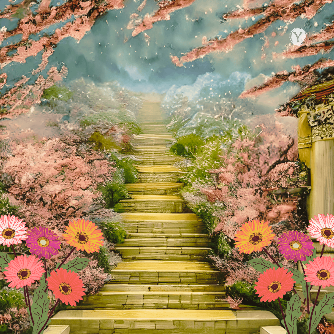 A golden stairway surrounded by blooming cherry blossom trees, with colorful gerbera daisies in the foreground and a dreamy sky overhead.