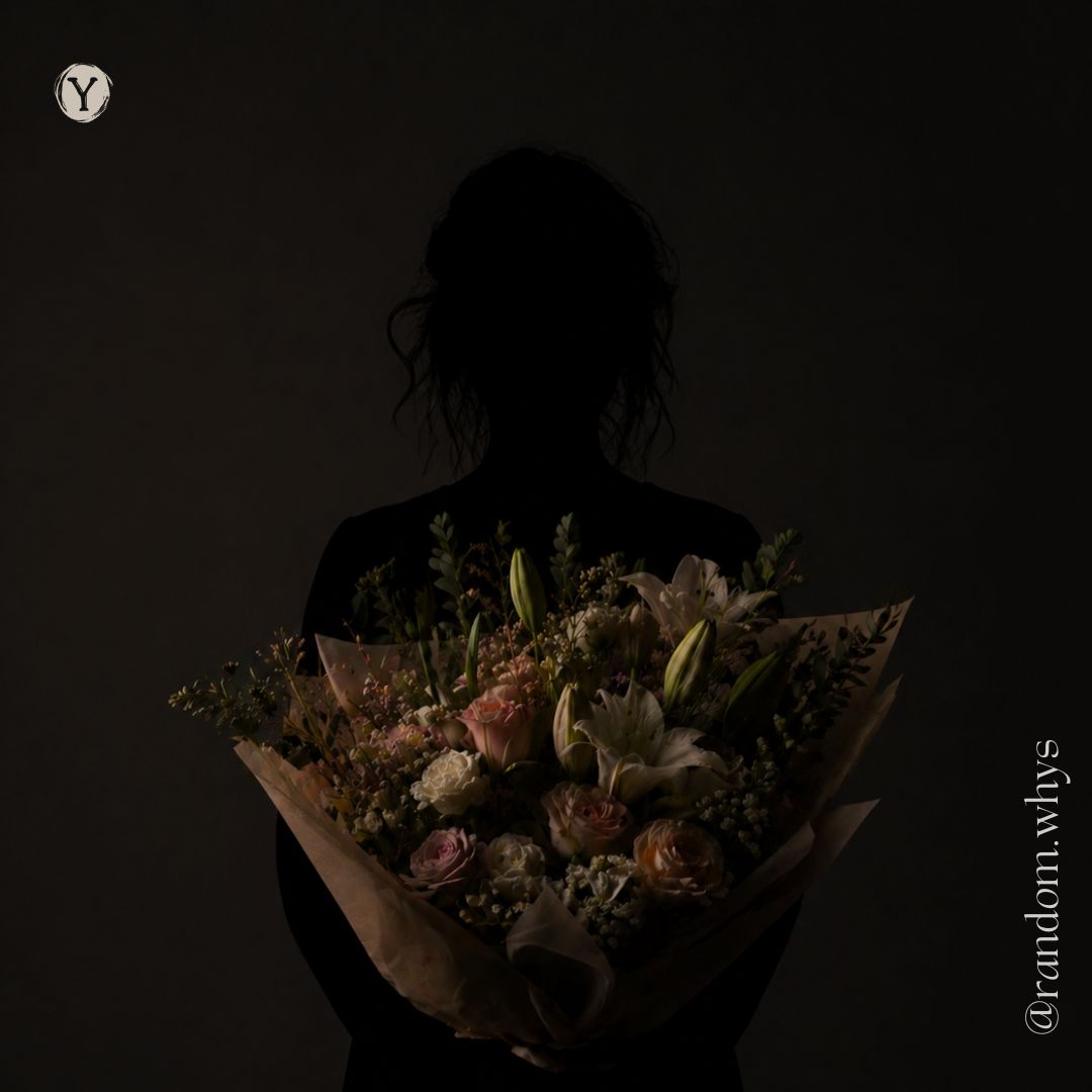 Silhouetted woman holding a bouquet against a dark background.